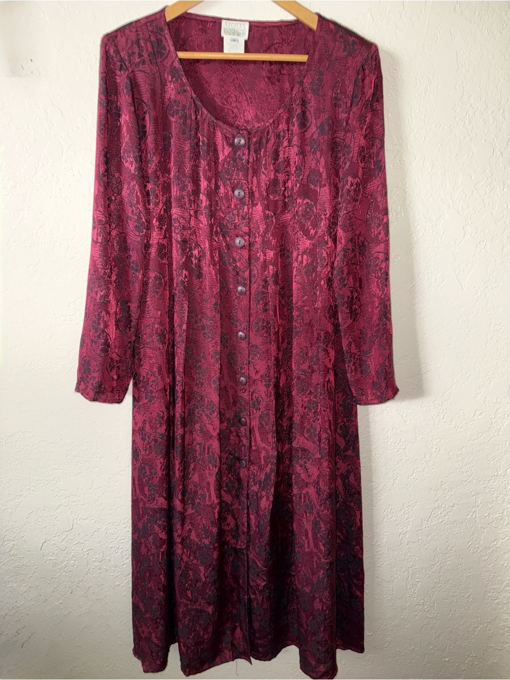 Vintage 80s Moda Intl Floral Brocade Jacquard Maxi Dress Metallic Burgundy Med